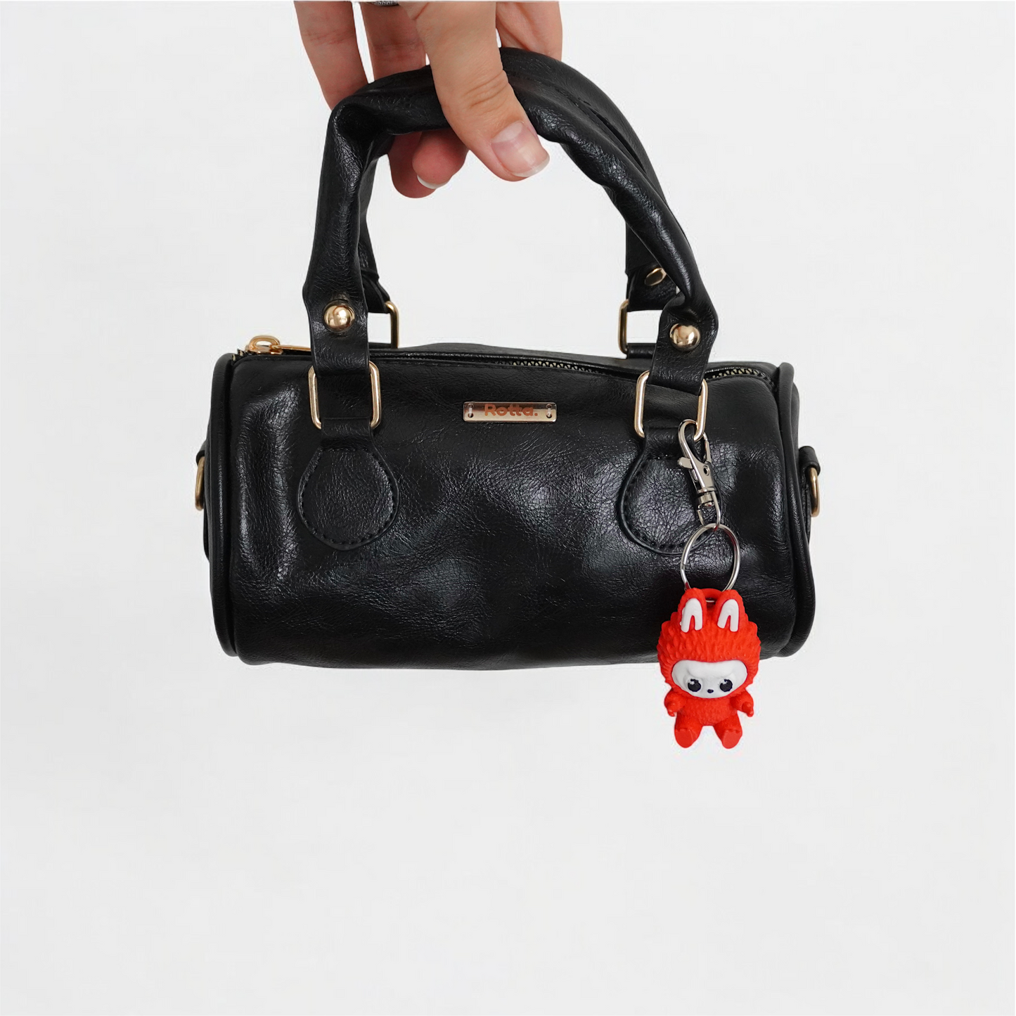 LIA - Élégant mini sac rond en cuir avec longue bandoulière, sac tonneau - Gris et noir
