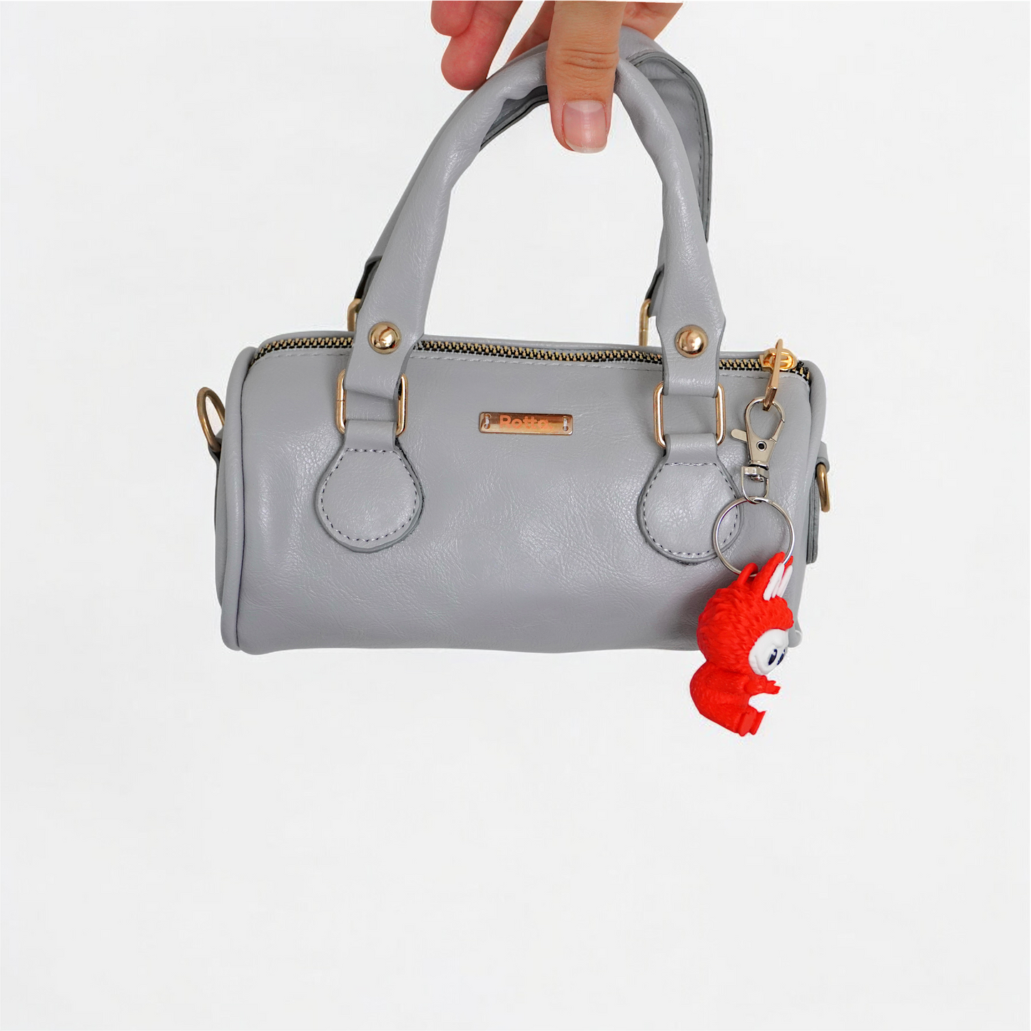 LIA - Élégant mini sac rond en cuir avec longue bandoulière, sac tonneau - Gris et noir