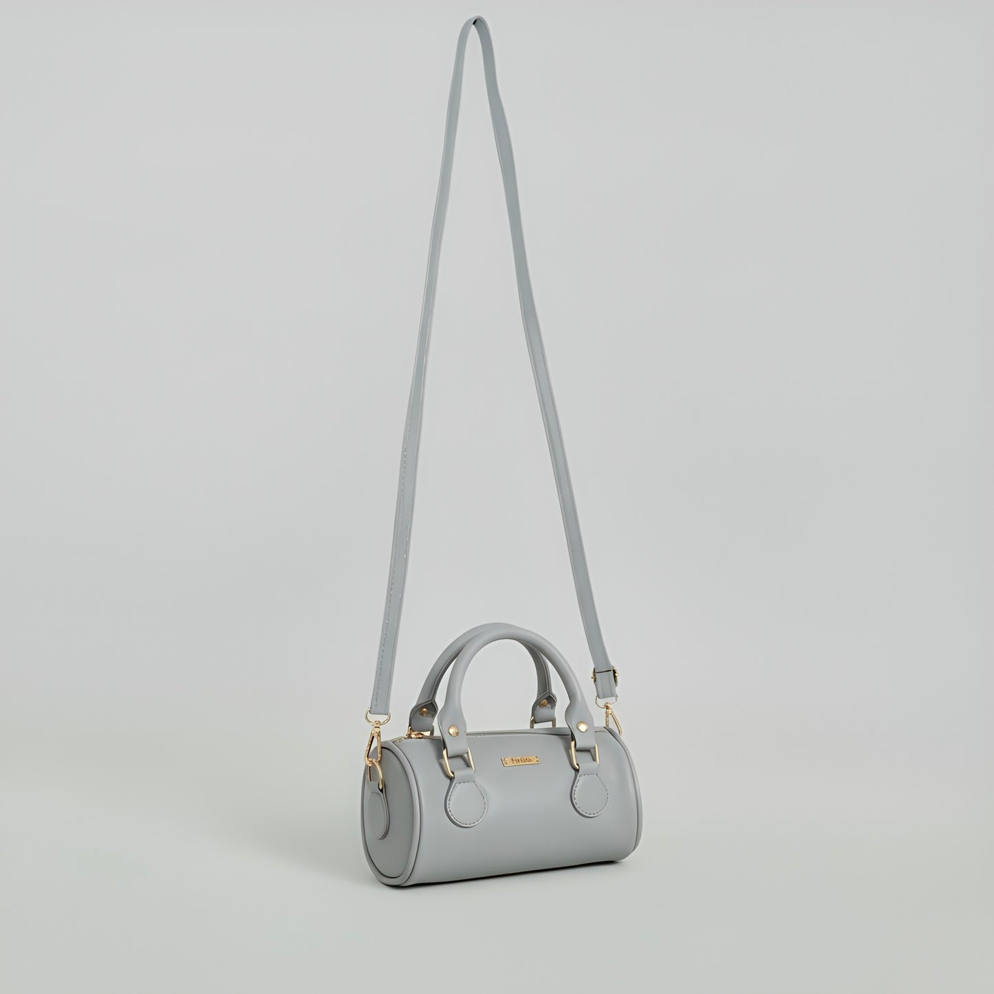 LIA - Élégant mini sac rond en cuir avec longue bandoulière, sac tonneau - Gris et noir