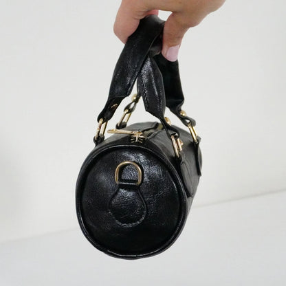 LIA - Elegant Round Mini Leather Bag with Long Strap, barrel bag - Gray & Black rotta.ca
