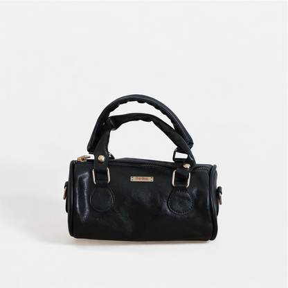 LIA - Élégant mini sac rond en cuir avec longue bandoulière, sac tonneau - Gris et noir
