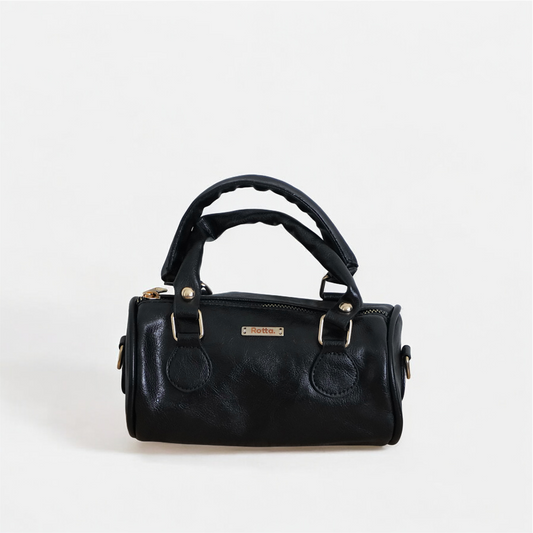 LIA - Élégant mini sac rond en cuir avec longue bandoulière, sac tonneau - Gris et noir