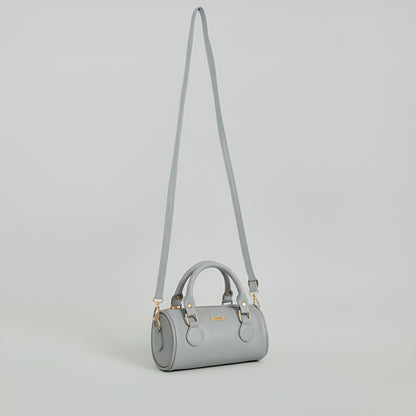 LIA - Elegant Round Mini Leather Bag with Long Strap, barrel bag - Gray & Black