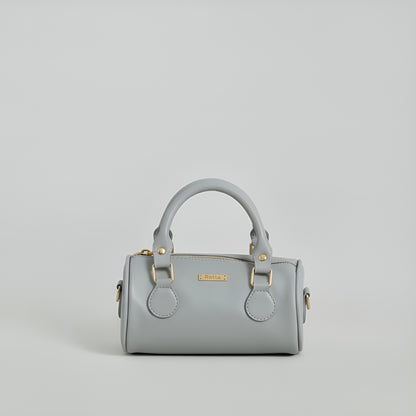 LIA - Elegant Round Mini Leather Bag with Long Strap, barrel bag - Gray & Black