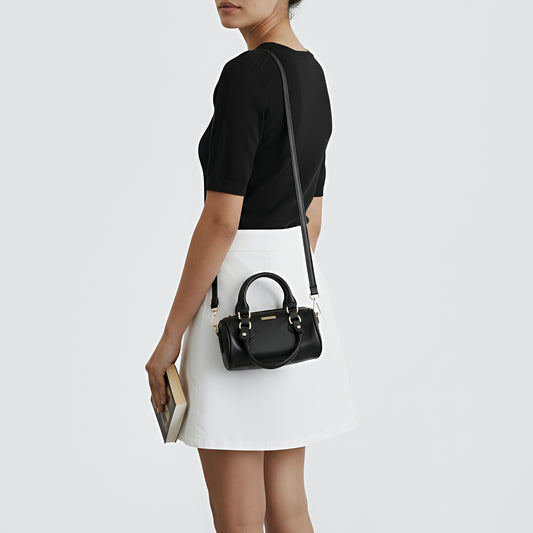 LIA - Élégant mini sac rond en cuir avec longue bandoulière, sac tonneau - Gris et noir