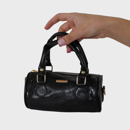 LIA - Elegant Round Mini Leather Bag with Long Strap, barrel bag - Gray & Black rotta.ca
