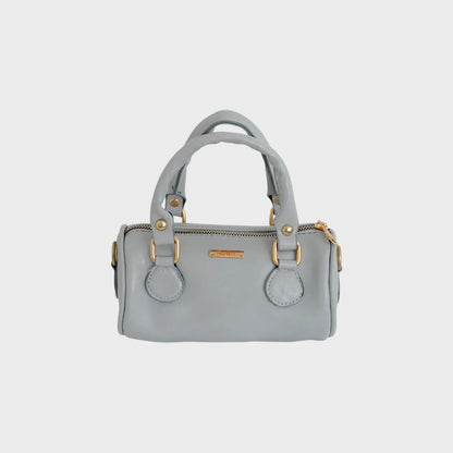 LIA - Elegant Round Mini Leather Bag with Long Strap, barrel bag - Gray & Black rotta.ca