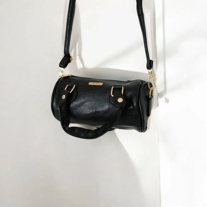 LIA - Elegant Round Mini Leather Bag with Long Strap, barrel bag - Gray & Black rotta.ca