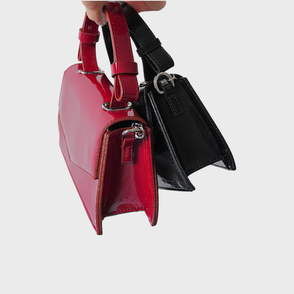CHERRY - Glossy Chic Mini Leather Crossbody Bag - Cherry Red & Black