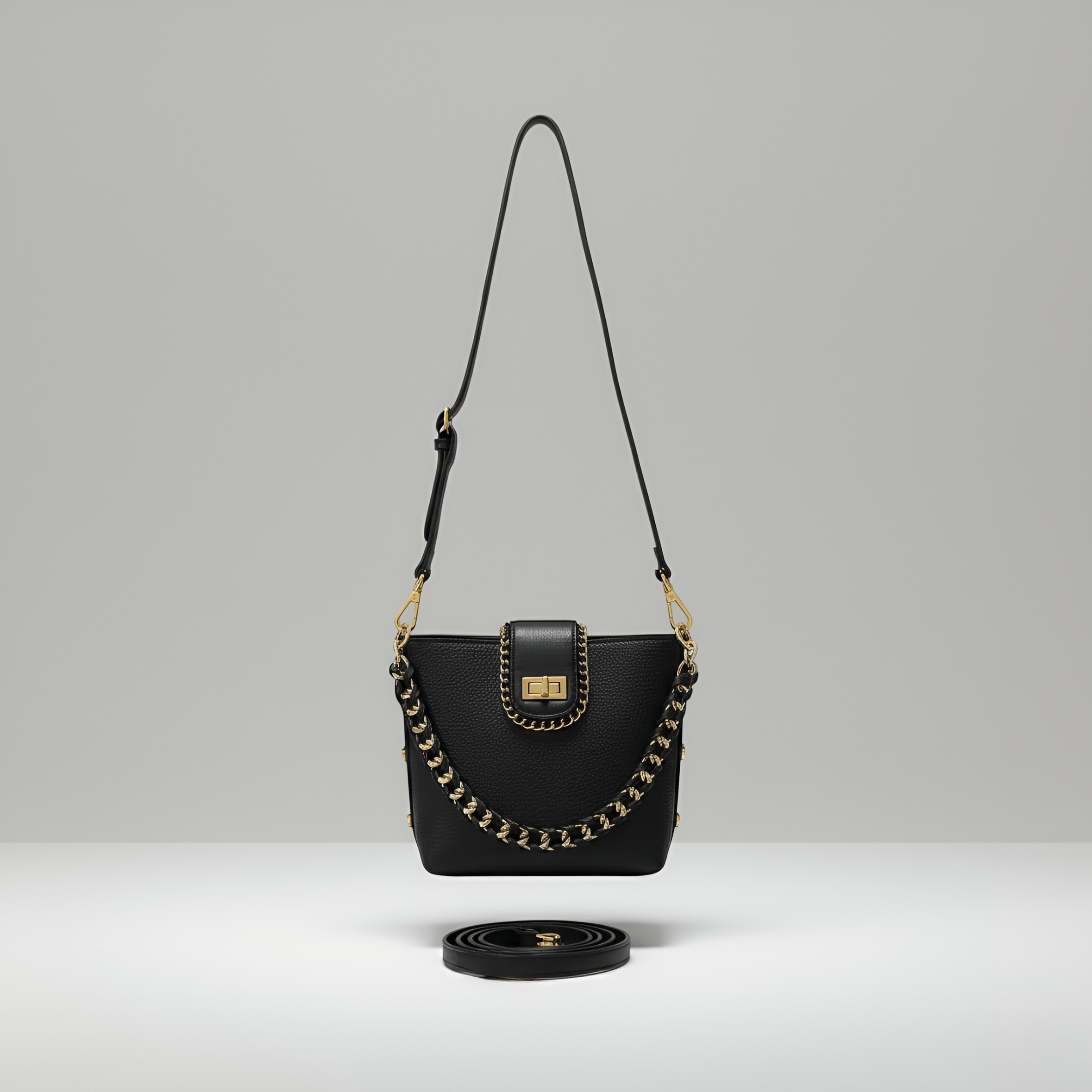 cosmo black shoulder bag – chain detail minimal leather purse
