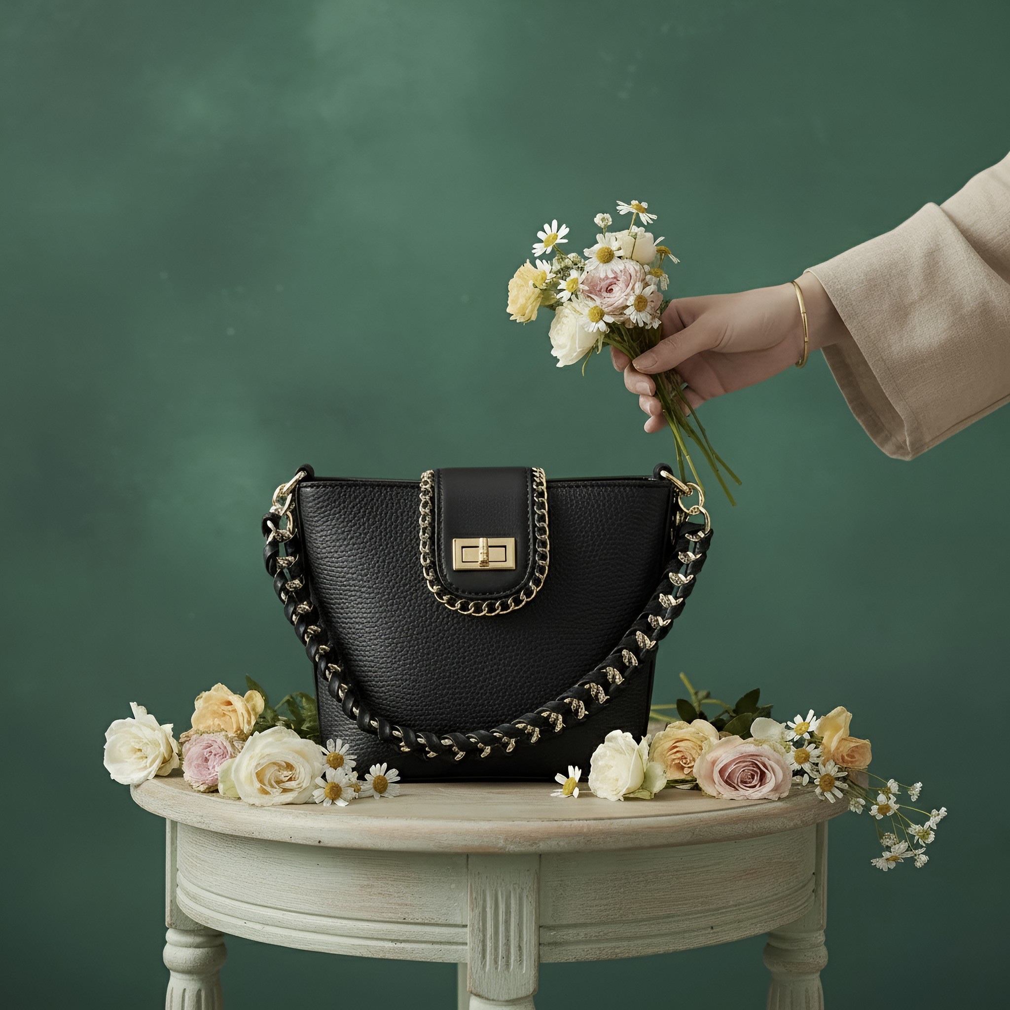 cosmo black shoulder bag – chain detail minimal leather purse