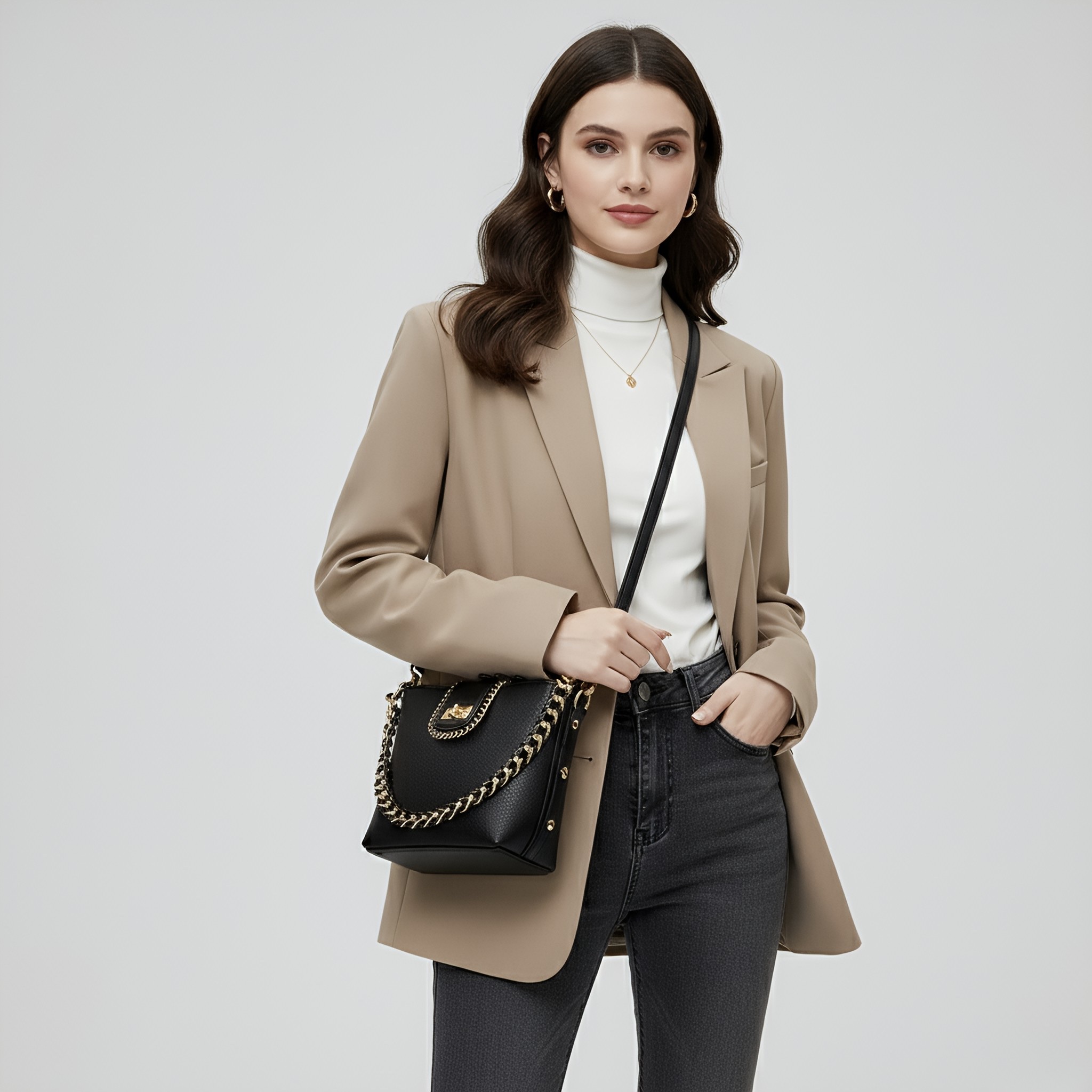 cosmo black shoulder bag – chain detail minimal leather purse