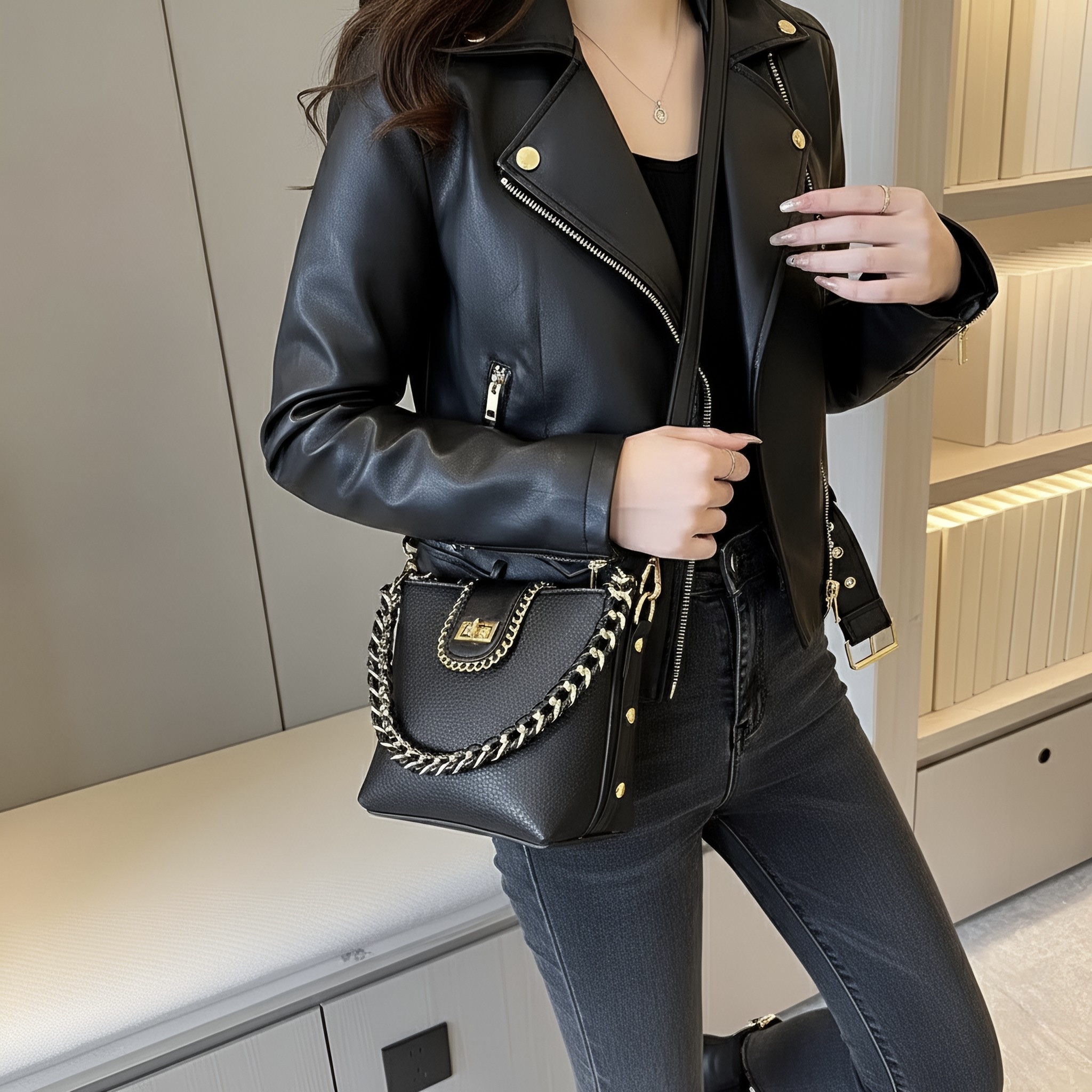 cosmo black shoulder bag – chain detail minimal leather purse